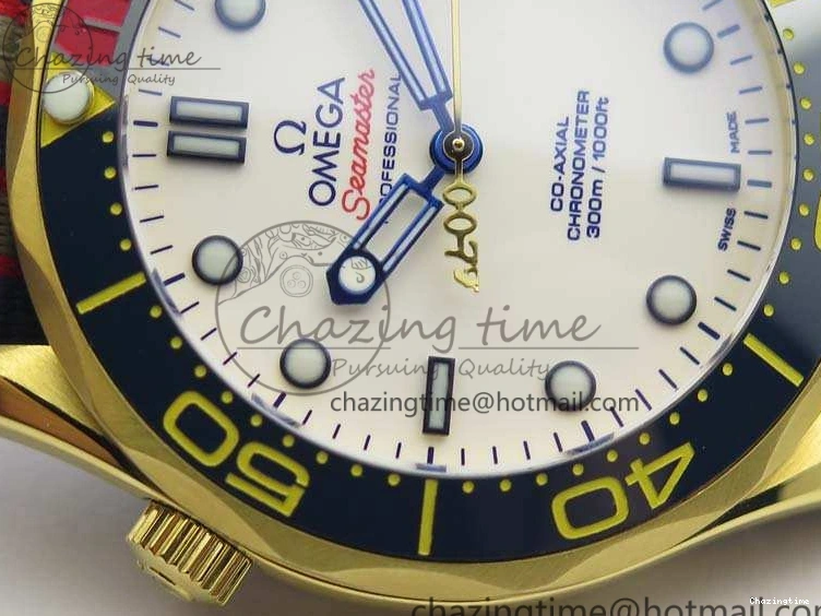 0327 Modern Seamaster 300M 007 YG URF 1:1 Best Edition White Dial Ceramic Bezel On Nylon Strap A 8115